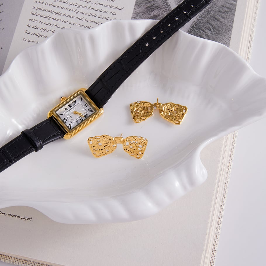 1 par de pendientes románticos de acero inoxidable con nudo ahuecado y color dorado para mujer Imagen5