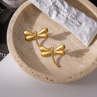 1 par de hermosos pendientes de botón de libélula de acero inoxidable color dorado para mujer h5 Imagen8