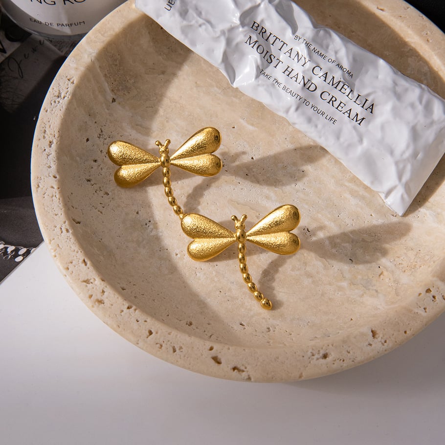 1 par de hermosos pendientes de botón de libélula de acero inoxidable color dorado para mujer Imagen8