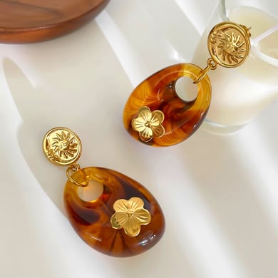 1 Pair Droplet Resin Flower Gold Color Dangle Earrings h5 Picture5