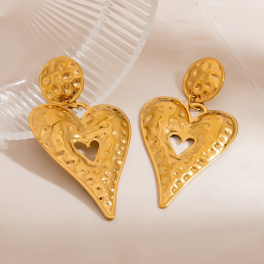 1 paire de boucles d&#39;oreilles pendantes en acier inoxydable couleur or avec motif cœur et marteau Image3
