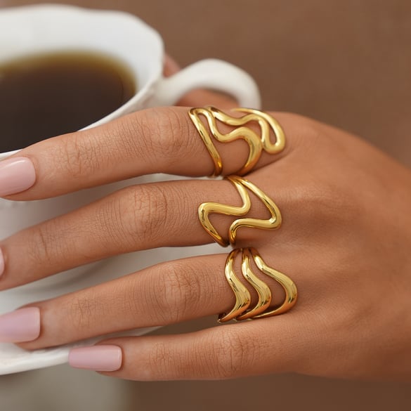 1 Stück einfache, alltägliche, unregelmäßige Form, Edelstahl, goldfarben, Statement-Ringe für Damen 2