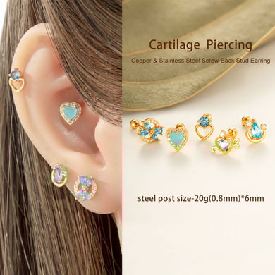 1 stuk hart koper goud kleur zirkoon piercing oorbel h5 Afbeelding4