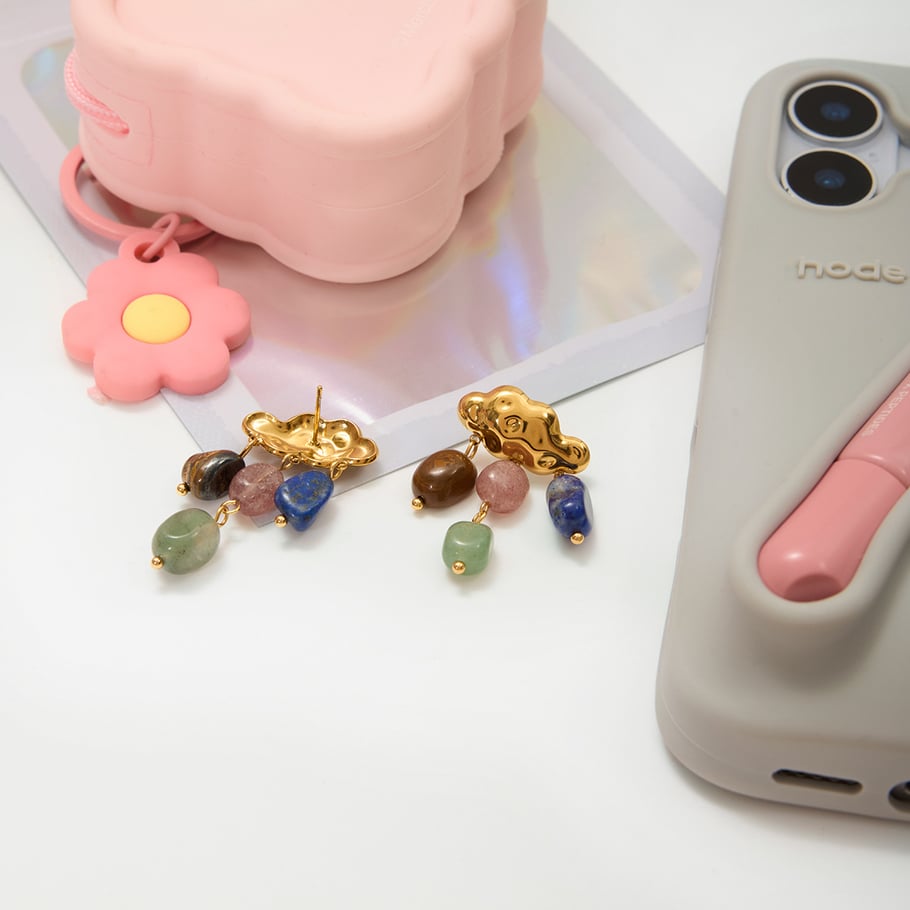 1 paio di orecchini pendenti da donna in acciaio inossidabile color oro con goccia di nuvola in pietra naturale classica Immagine6