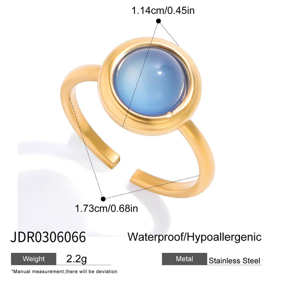 Anillos llamativos de acero inoxidable con forma de círculo de resina azul y color dorado de 1 pieza