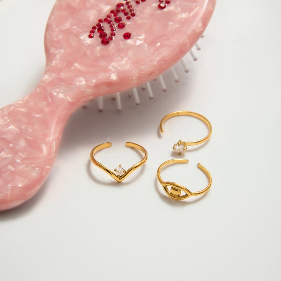 Juego de 1 anillo de circonita de color dorado de acero inoxidable con curva delicada Imagen4