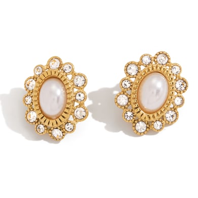 1 Pair Dazzling Circle Stainless Steel Gold Color Zircon Women's Stud Earrings h5 