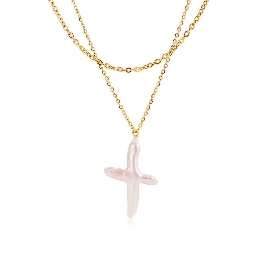1 Piece Elegant Cross Stainless Steel Gold Color Pearl Women's Pendant Necklaces 