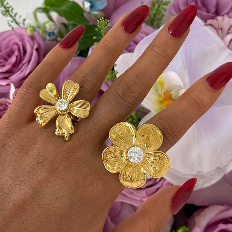 1 Stück Blume Edelstahl Gold Farbe Zirkon Damen Statement Ringe h5Bild2