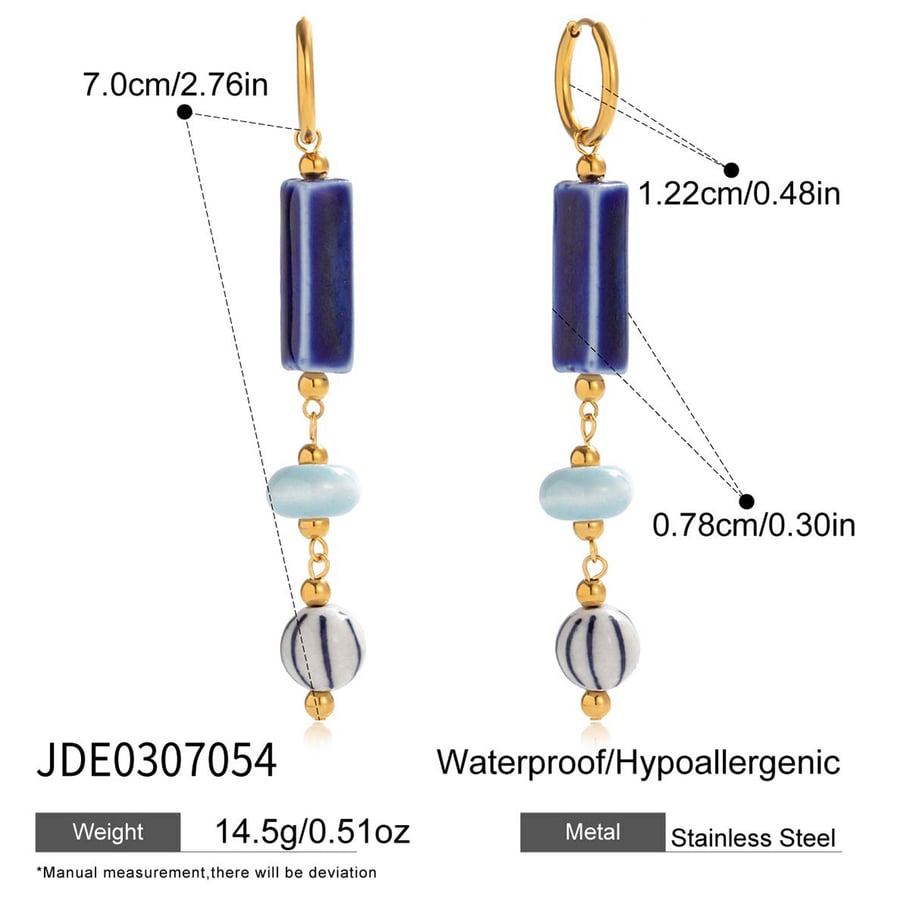 1 par de pendientes colgantes de acero inoxidable dorados y cerámica azul hechos a mano para mujer h5Imagen2