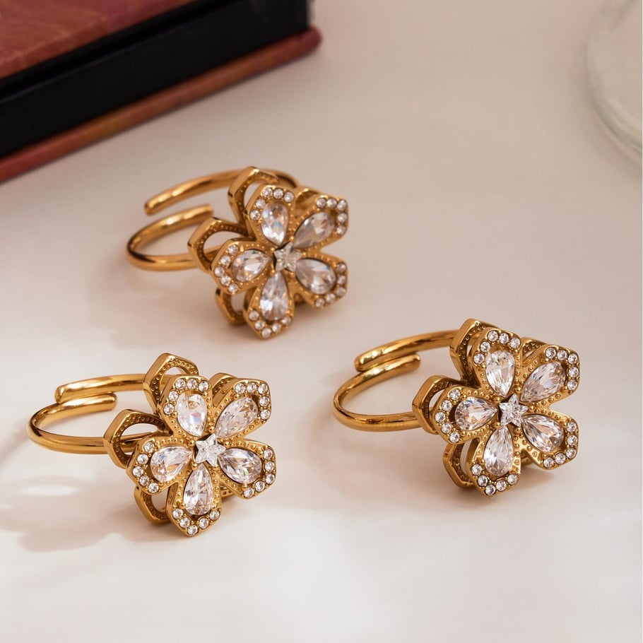 Classic Flower Rotatable Stainless Steel Gold Color Zircon Women's Jewelry Sets Picture5