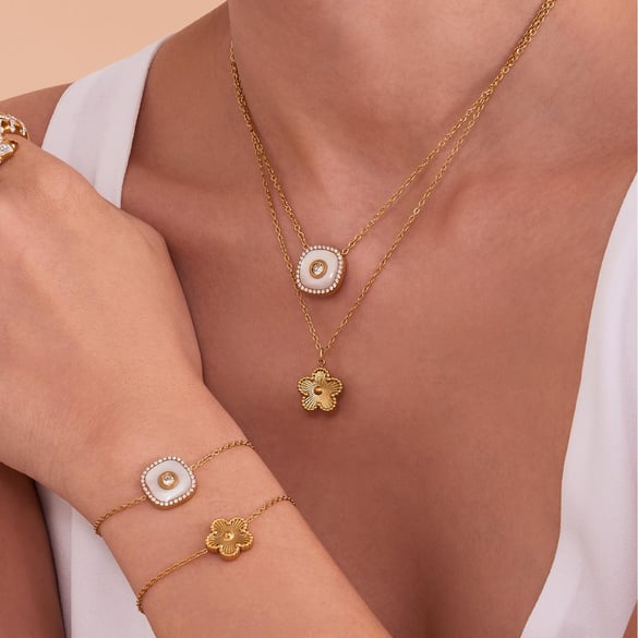 Parures de bijoux pour femmes en acier inoxydable couleur or avec motif floral simple 2