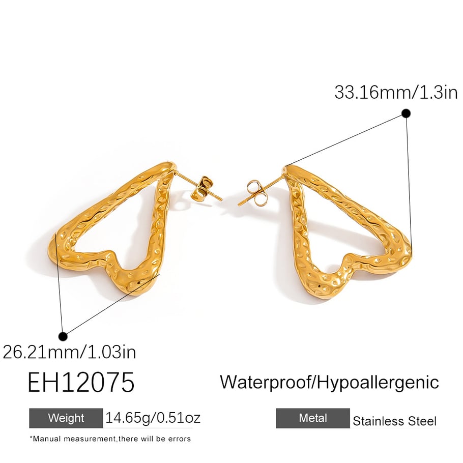 1 Pair Retro Heart Hammer Pattern Stainless Steel Gold Color Stud Earrings