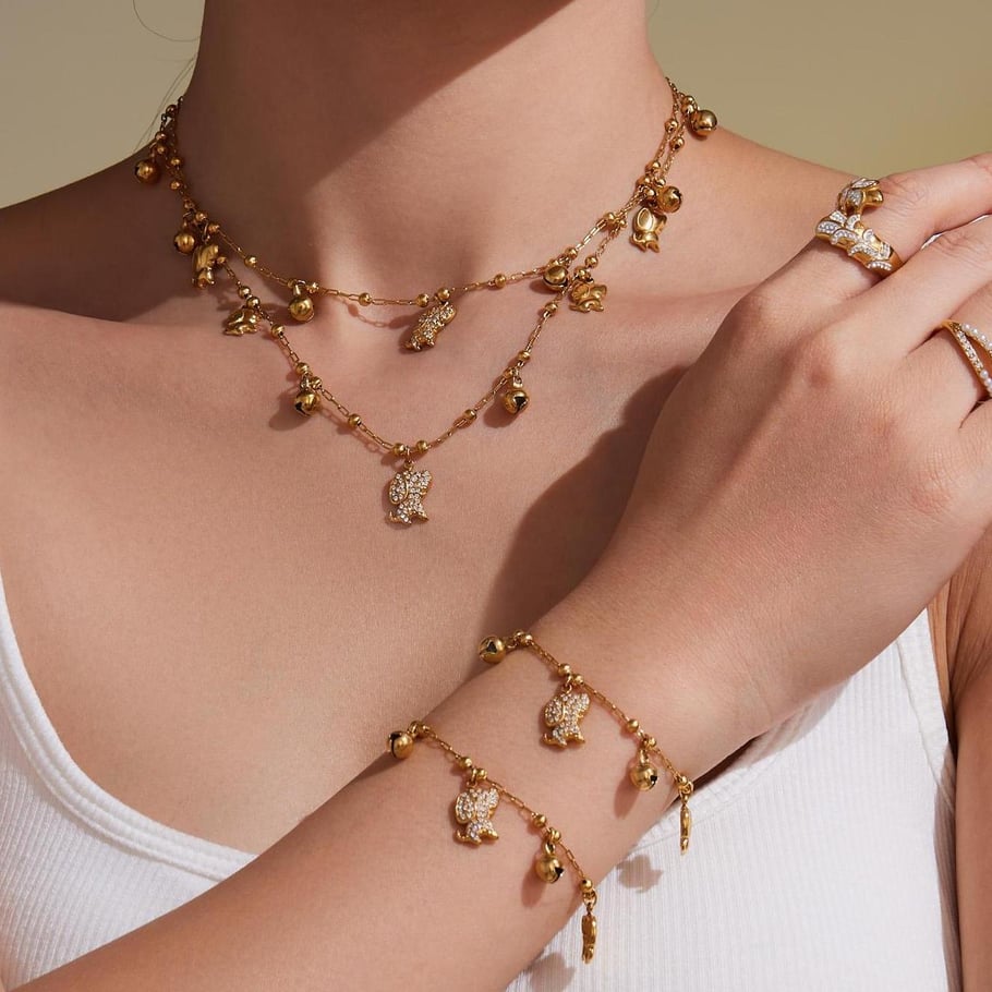 Delicate Cute Puppy Stainless Steel Gold Color Zircon Women's Jewelry Sets Picture3