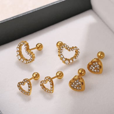 1 Pair Heart Stainless Steel Gold Color Rhinestone Piercing Earrings h5 Picture2