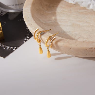 1 Pair Gorgeous Droplet Stainless Steel Gold Color Zircon Women's Drop Earrings h5 Picture7
