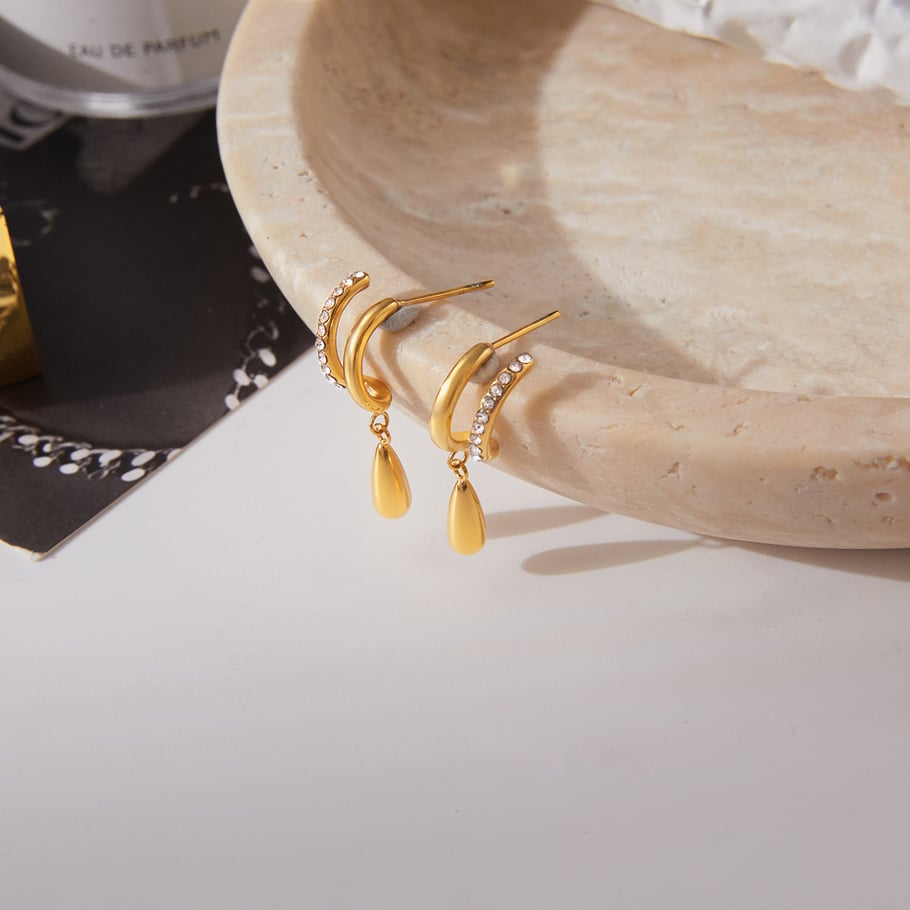 1 Pair Gorgeous Droplet Stainless Steel Gold Color Zircon Women's Drop Earrings Picture7