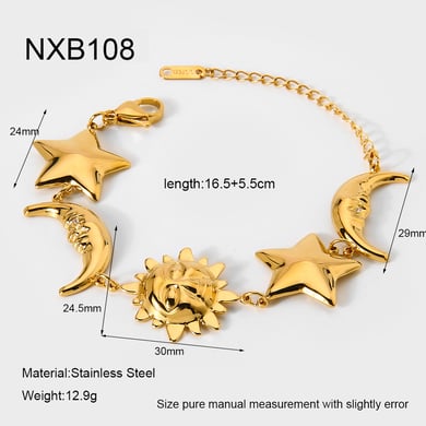 1 Piece Classic  Sun Moon Stainless Steel   Gold Color  Women's Chain Bracelets h5 