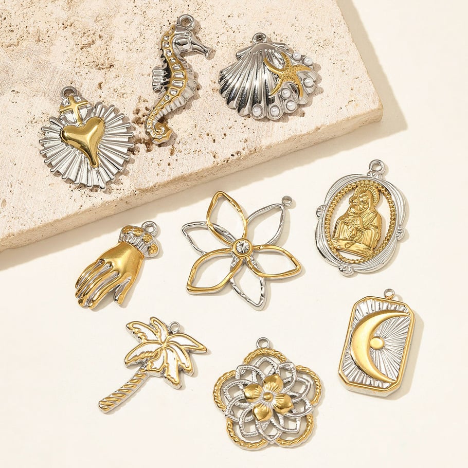 Pendentif en acier inoxydable pour femme, 1 pièce, motif fleur, couleurs or et argent mélangées Image3