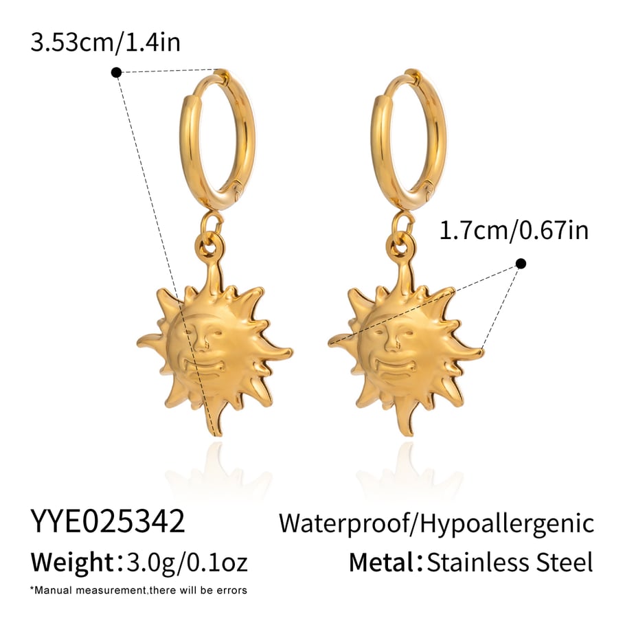 1 paio di orecchini pendenti in acciaio inossidabile color oro con sole sorridente 
