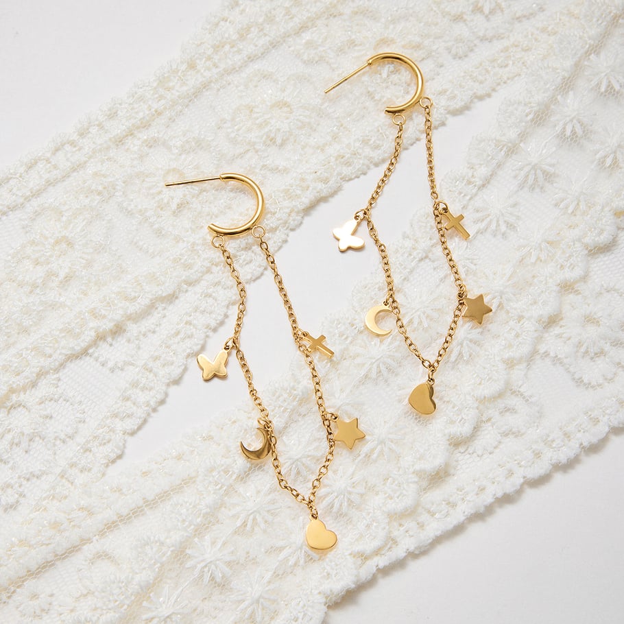 1 paio di orecchini pendenti da donna in acciaio inossidabile color oro con cuore della serie Romantic Immagine6