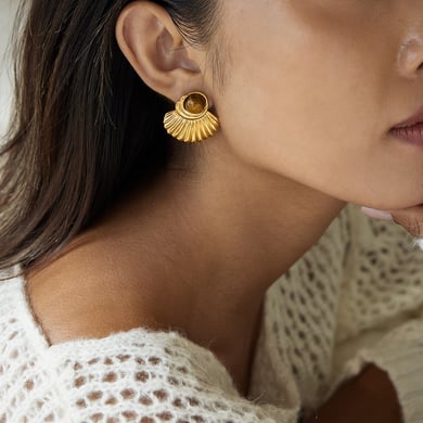 1 par de pendientes de botón de acero inoxidable con forma retro y piedra natural color dorado para mujer h5 Imagen5