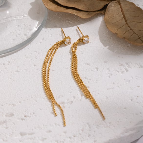 1 paire de boucles d&#39;oreilles pendantes à pampilles en acier inoxydable couleur or et zircon 2