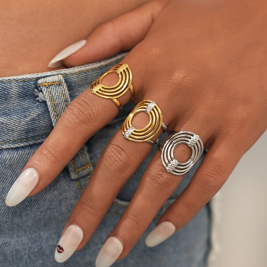 1 Stück Casual Circle Edelstahl Goldfarbene Statement-Ringe für Damen Bild4