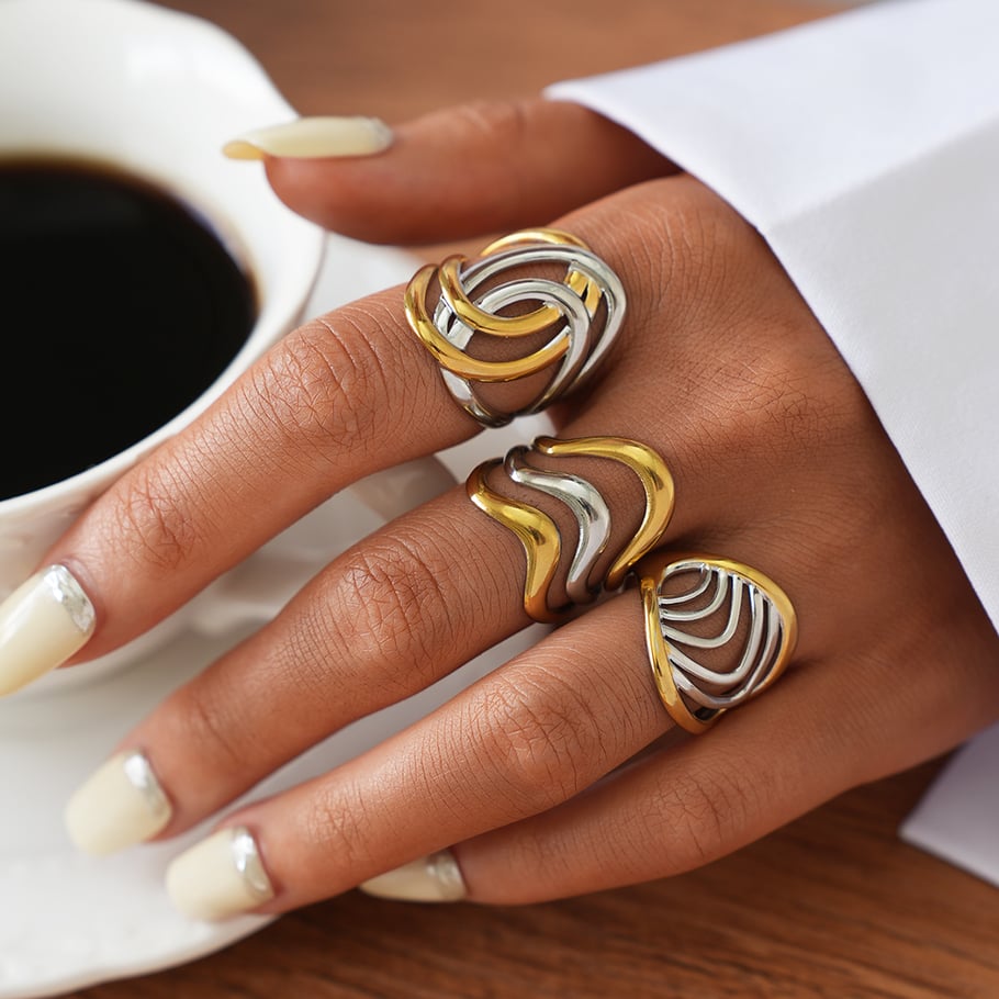 1 pezzo di anelli da donna in acciaio inossidabile intrecciato color oro e argento misti Immagine4