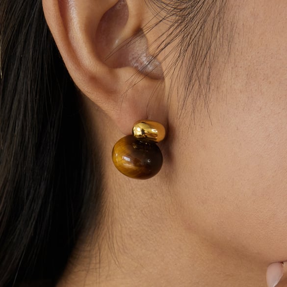 1 Pair Classic Oval Stainless Steel Gold Color Natural Stone Women's Stud Earrings 2