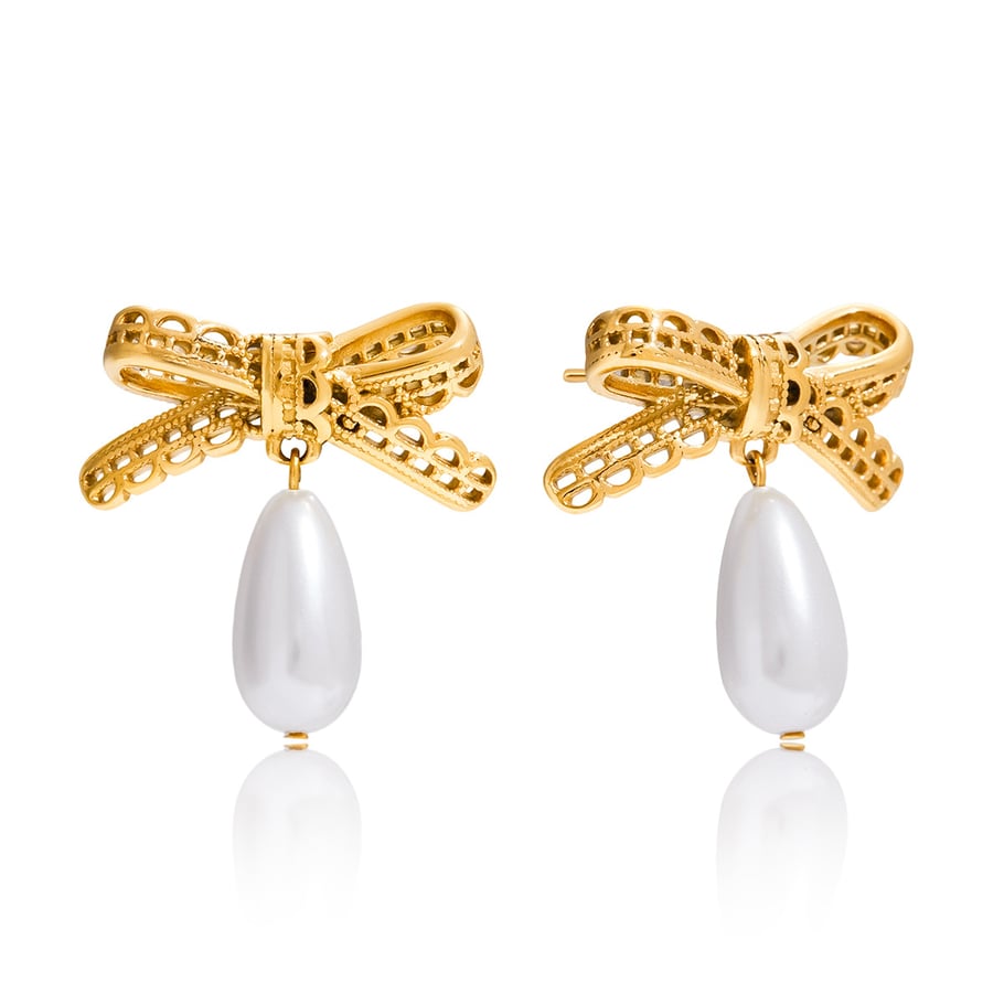 1 par de pendientes románticos de acero inoxidable con lazo y gota de color dorado para mujer 