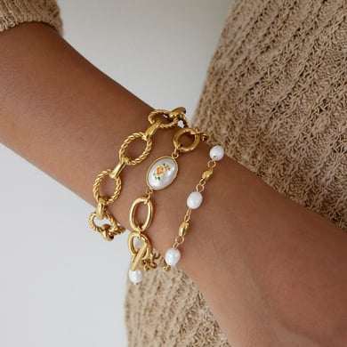 1 Stück Retro-Blumen-Edelstahl-Goldfarben-Damen-Kettenarmbänder h5 Bild4
