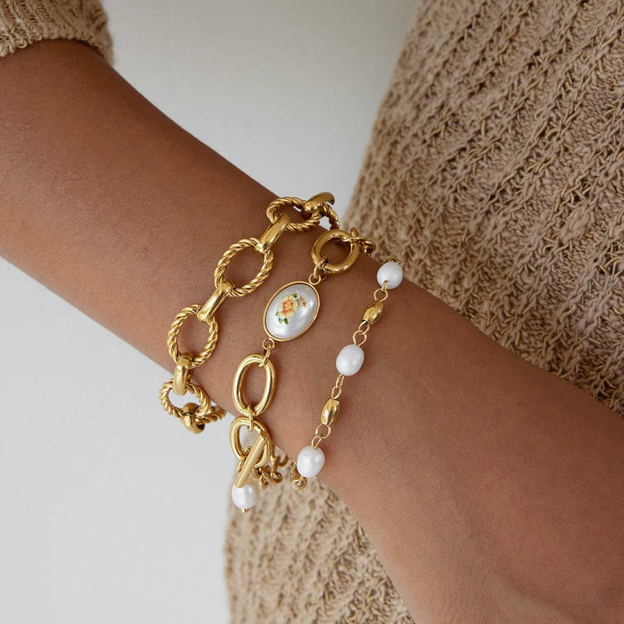 1 Stück Retro-Blumen-Edelstahl-Goldfarben-Damen-Kettenarmbänder Bild4