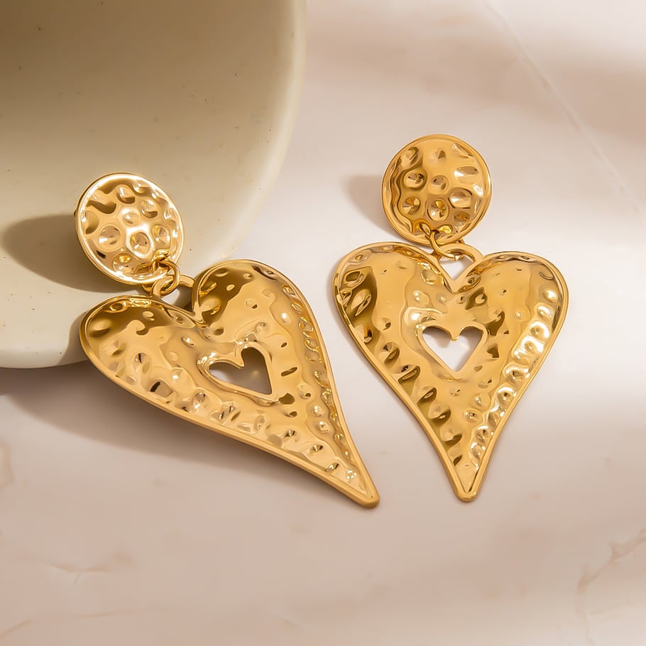1 paire de boucles d&#39;oreilles pendantes en acier inoxydable couleur or avec motif cœur et marteau Image4