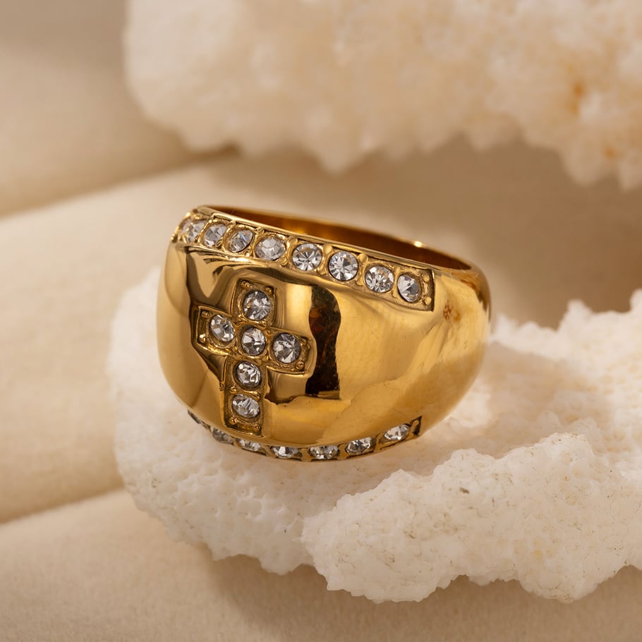 Anello con croce in acciaio inossidabile color oro da 1 pezzo h5Immagine4