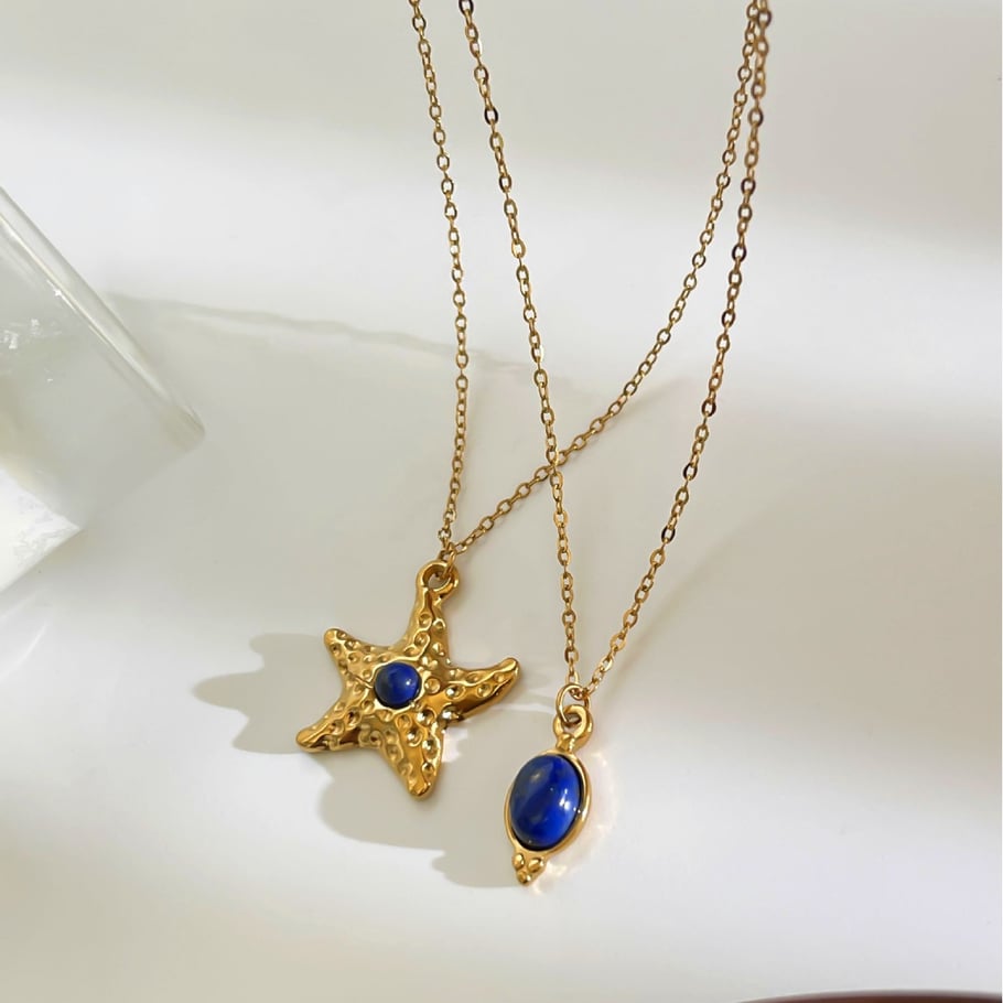 1 Piece Starfish Gold Color Natural Stone Pendant Necklace Picture4