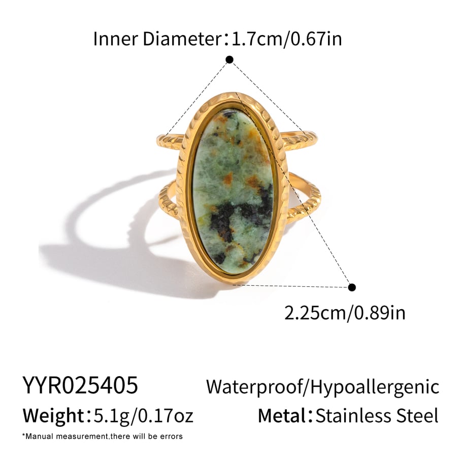 Anillo retro de acero inoxidable con piedras preciosas naturales de color dorado. 