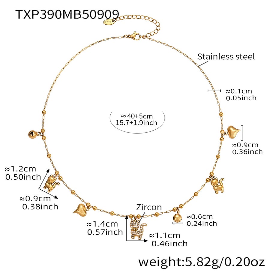 Parure de bijoux pour femme en acier inoxydable et zircone couleur or, motif chaton délicat et mignon 