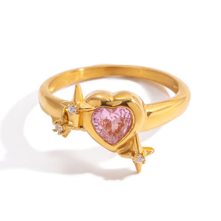 1 Piece Glamorous Pink Heart Stainless Steel Gold Color Zircon Women's Gemstone Rings 