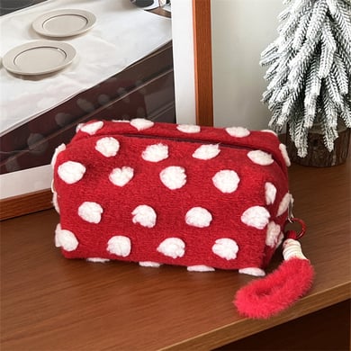 1 pezzo di borsa per il trucco da donna in peluche con graziosi pois della serie romantica h5 