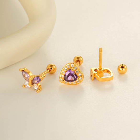 1 pezzo orecchini da donna piercing in zircone color rame e oro a forma di farfalla viola