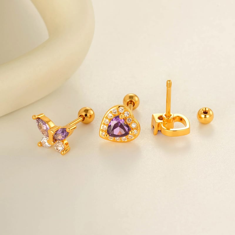 1 pezzo orecchini da donna piercing in zircone color rame e oro a forma di farfalla viola h5Immagine3