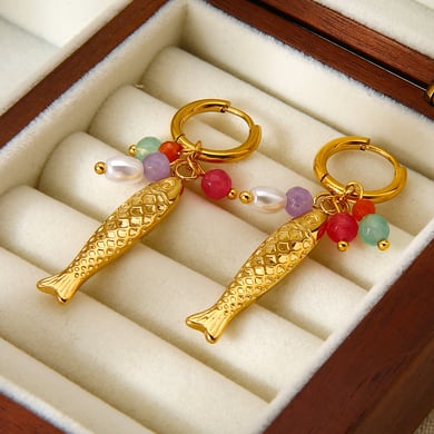 1 Pair  Retro Fish Stainless Steel  Gold Color  Women's Drop Earrings h5 Picture4