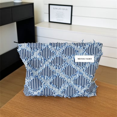 1 pieza de bolsa de maquillaje de mezclilla con flecos y cuadros sencillos para mujer h5 Imagen4