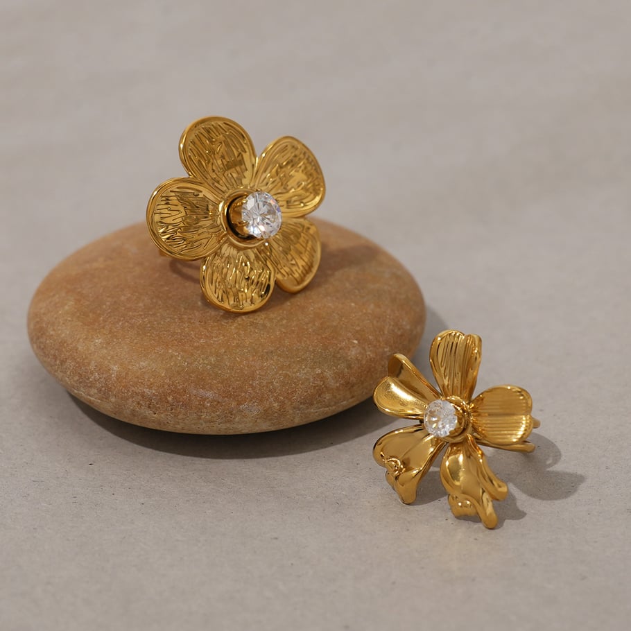1 Stück Blume Edelstahl Gold Farbe Zirkon Damen Statement Ringe Bild4
