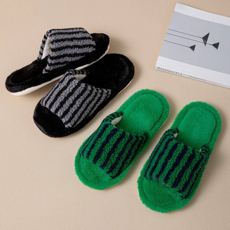 1 Pair Color-blocking Striped Home Plush Slippers h5Picture2