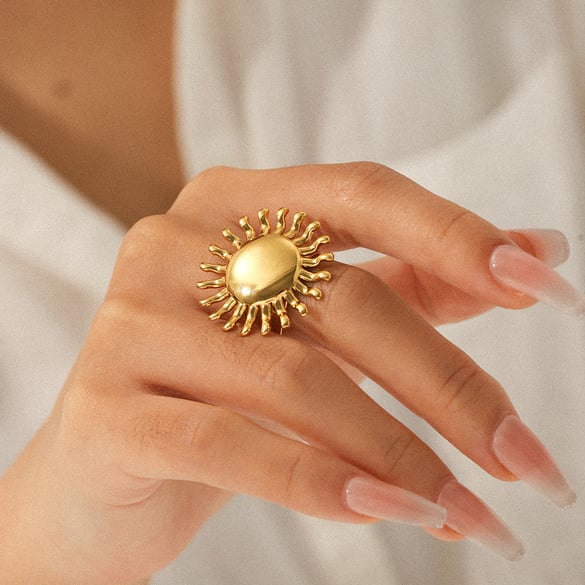 1 stuk Sun roestvrijstalen goudkleurige statement ring