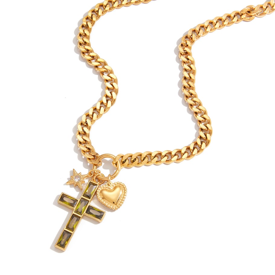 1 Stück luxuriöse Kreuz Grün Zirkon Edelstahl Gold Farbe Damen Anhänger Halsketten
