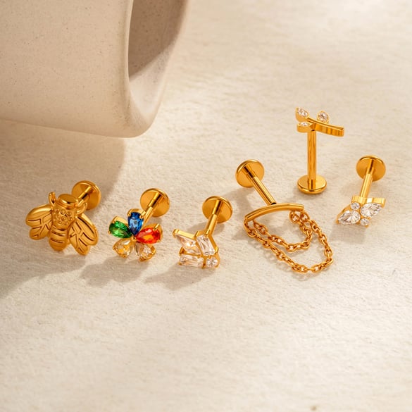 1 Piece Flower Titanium Alloy Gold Color Zircon Women's Piercing Earrings