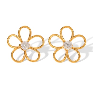 1 Paar Ohrstecker mit Blumen-Design aus Edelstahl in Goldfarbe und Zirkonia h5 